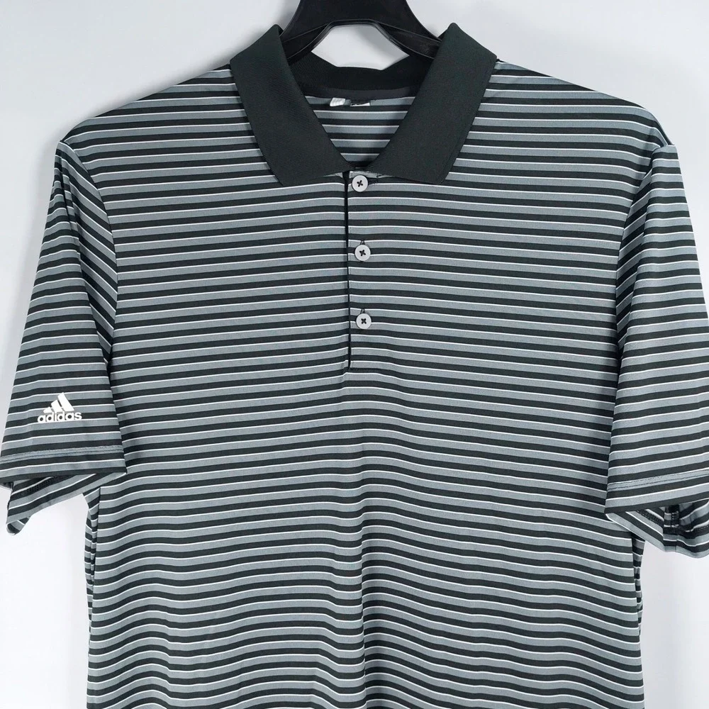 Adidas Polo Shirt Mens‎ Large Gray Black Horizontal Striped Short Sleeve Golf